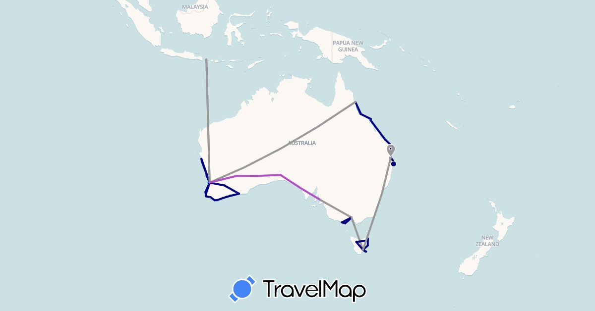 TravelMap itinerary: driving, plane, train, boat in Australia, Indonesia (Asia, Oceania)